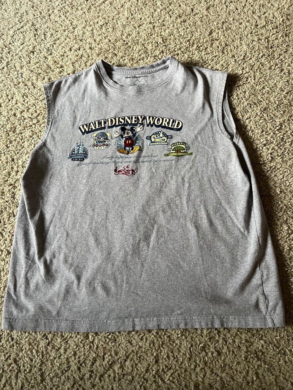 Walt Disney World Y2K Gray Sleeveless T-Shirt with Mickey Mouse Graphic